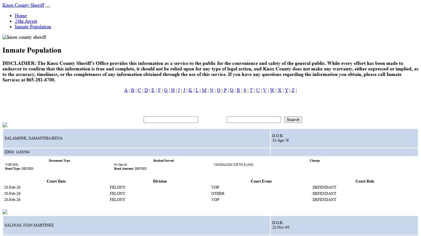 Knox County Tennessee - Sheriff - Inmate Population